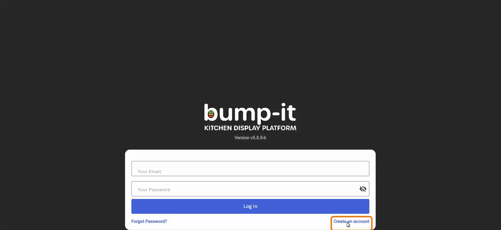 Bump-it login screen with the Create an account link