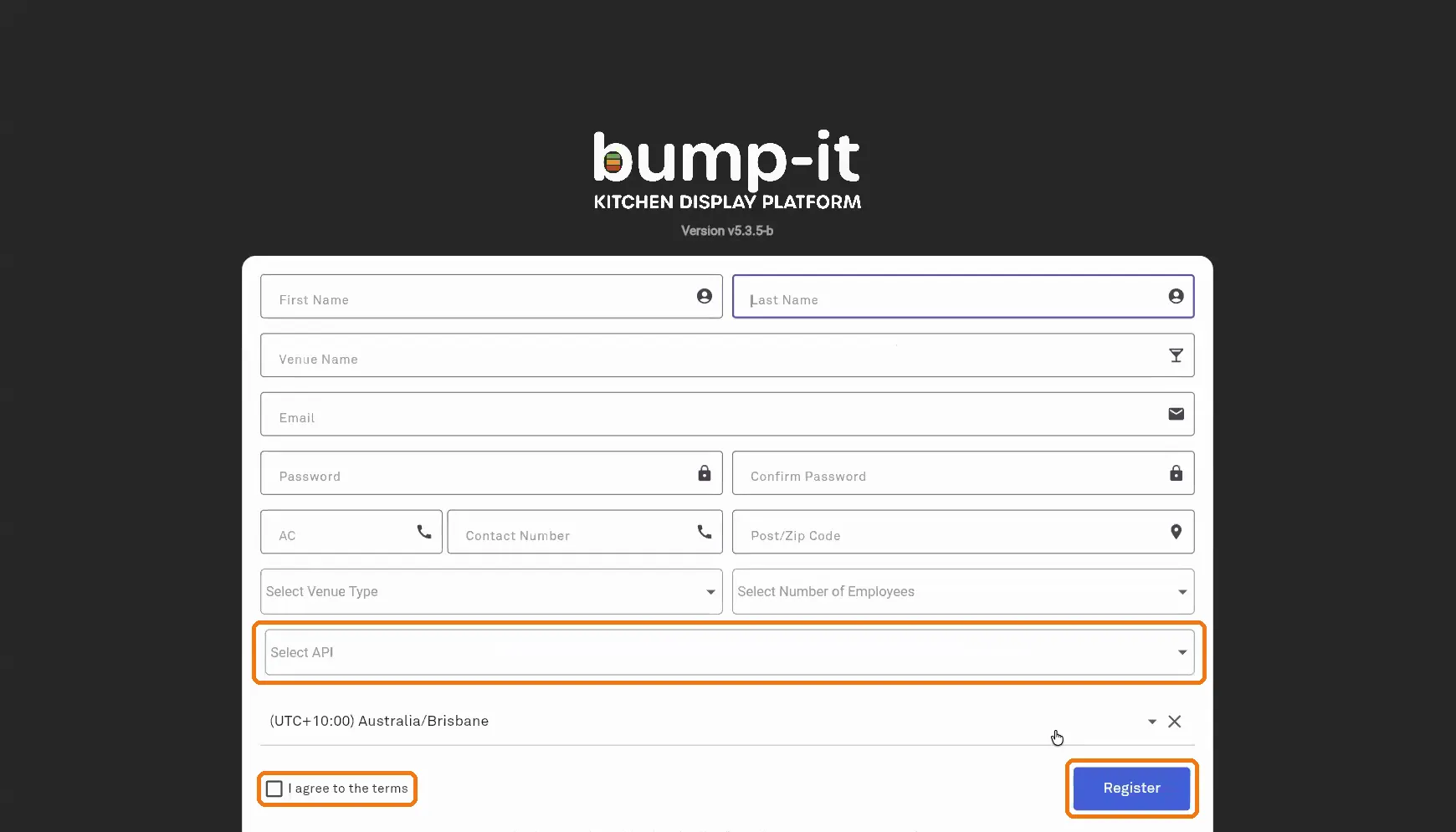 Bump-it registration form showing the Select API and time zone fields