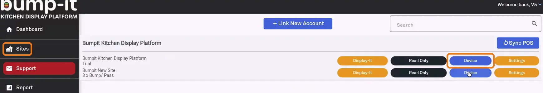 Sites page with the Device button highlighted