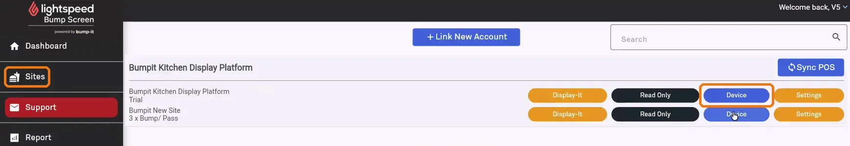 Sites page with the Device button highlighted