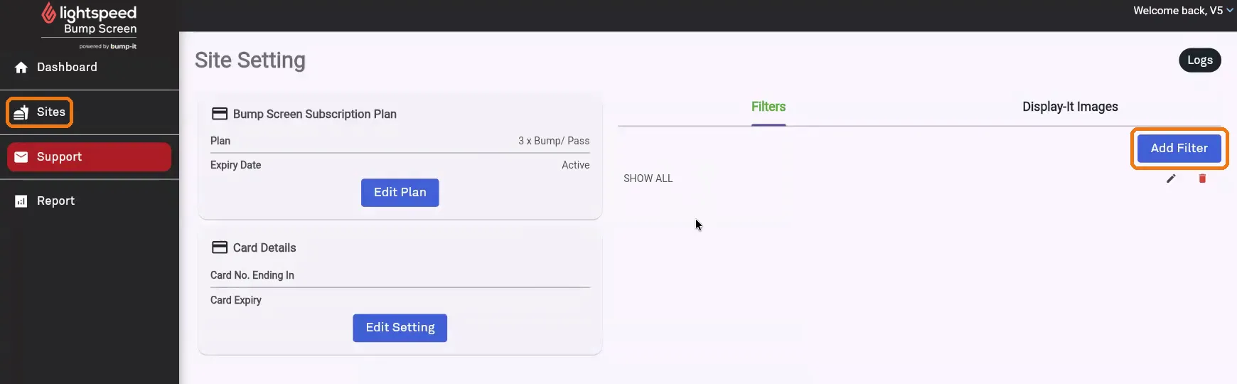 Site Setting page with the Add Filter button highlighted