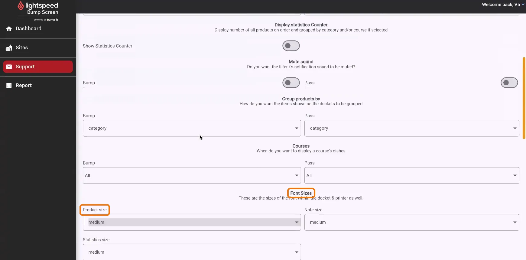 Font Sizes section on the Screen tab