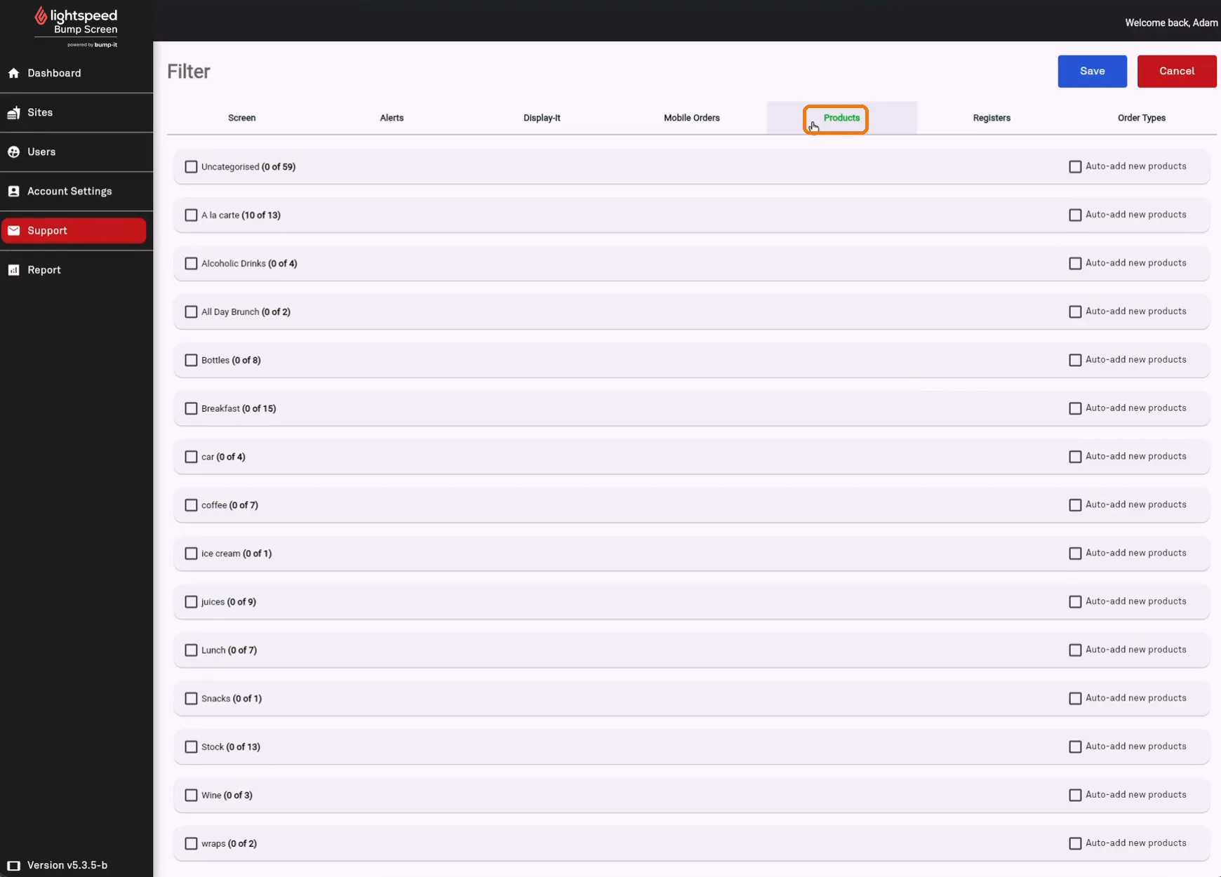 Products tab showing the category list