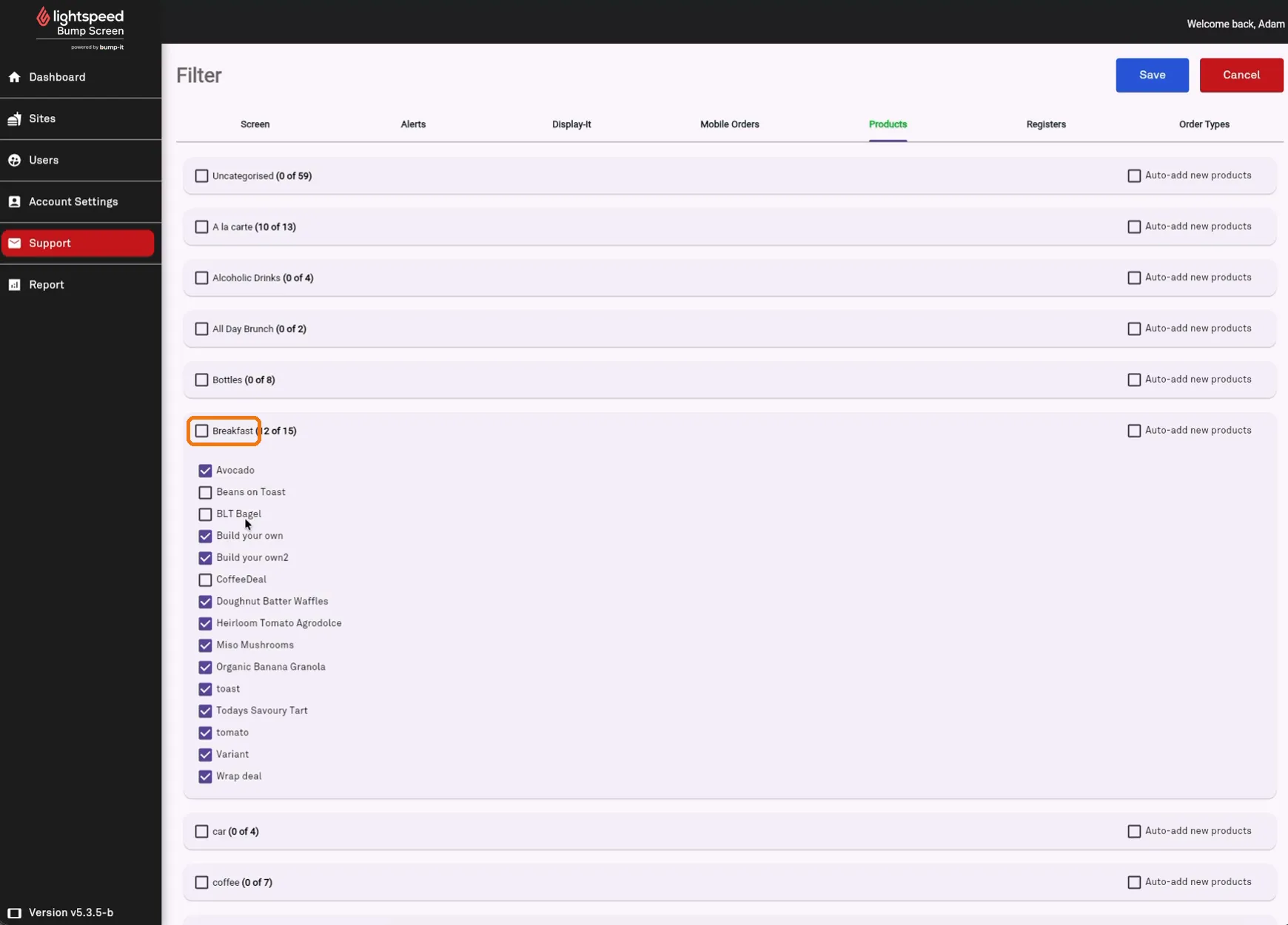 Products tab with a category expanded showing individual items