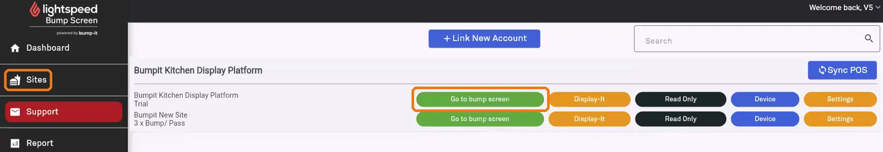 Sites page with the Go to bump screen button highlighted