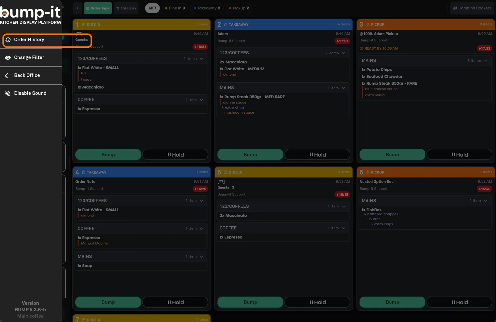 The MENU panel open showing Order History